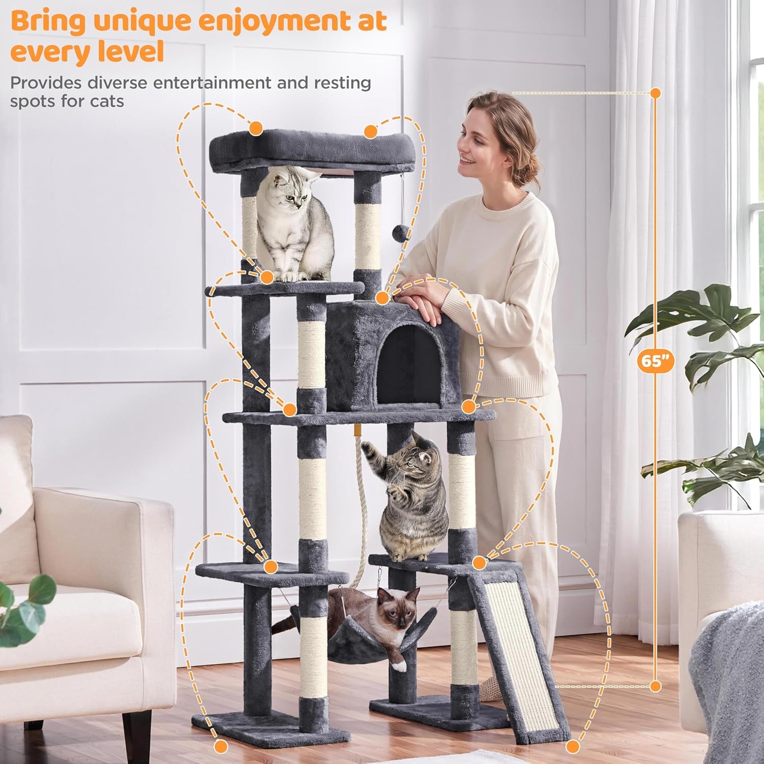 63" Tall Large Cat Tree & Activity Tower for Multiple Big Cats | Heavy-Duty Pet Condo with Cozy Hammock, Natural Sisal Posts & Extra Stable Base | Easy Assembly Indoor Furniture