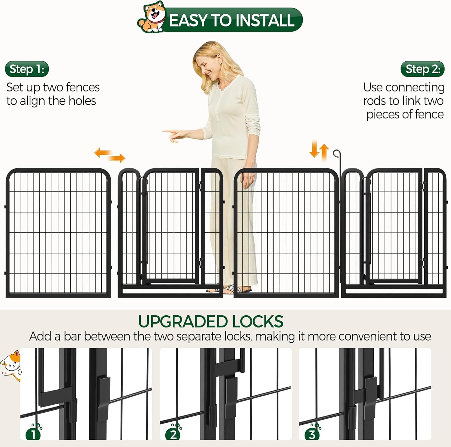 16-Panel Portable Dog Playpen & Pet Fence (32" Height) | Foldable Heavy-Duty Metal Exercise Pen for Small & Medium Dogs | Easy Setup Yard & Camping Gate with Lockable Door