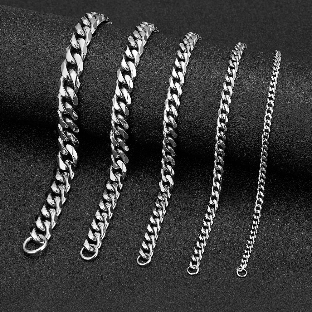 3mm–11mm Stainless Steel Cuban Link Chain Bracelet | Heavy-Duty Silver Curb Chain Wristband for Men & Women | Punk Rock Biker Jewelry