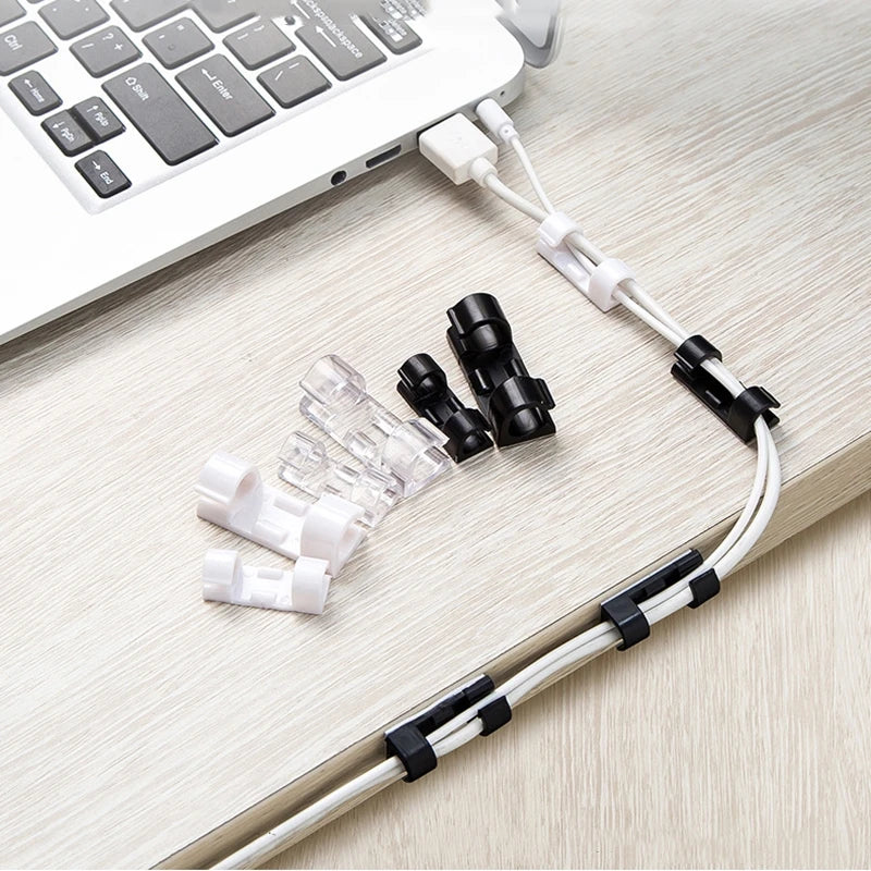 Desktop Cable Organizer Clips & Wire Management System | Adhesive ABS Cord Holder for Desk, Workstation & Car | Cable Winder Keeper for USB, Charging & Data Cables