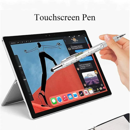 7-in-1 Multifunctional Tool Pen with Touch Screen Stylus & Screwdriver Set | Heavy-Duty Metal Ballpoint Pen with Bubble Level, Rulers & Refills for Engineers, Handymen & DIY