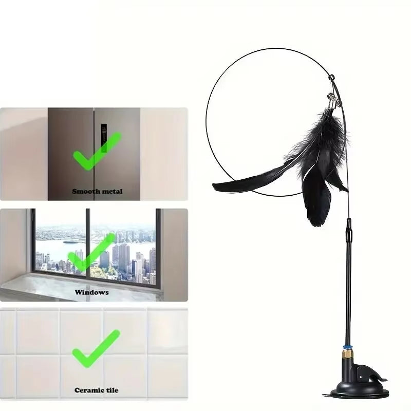 Interactive Cat Feather Teaser Wand Toy with Suction Cup Base & Bell | Long Wire Pole Exercise Toy for Indoor Cats & Kittens | Hands-Free & Manual Play