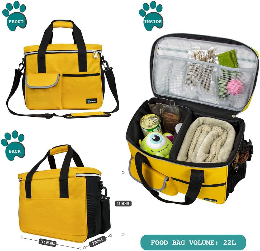 Premium Dog Travel Bag Organizer & Accessories Set | Medium Pet Tote Bag with 2 Silicone Collapsible Bowls & 2 Food Storage Containers | Waterproof Weekend Travel Kit with Luggage Sleeve
