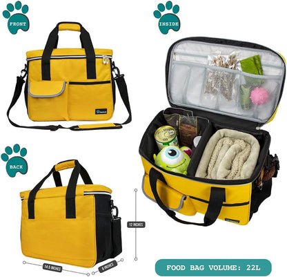 Premium Dog Travel Bag Organizer & Accessories Set | Medium Pet Tote Bag with 2 Silicone Collapsible Bowls & 2 Food Storage Containers | Waterproof Weekend Travel Kit with Luggage Sleeve